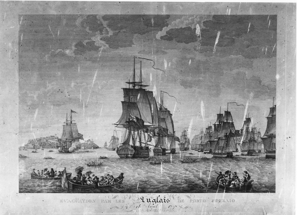 evaquation par les anglais de porto ferraio, 16 avril 1797, evaquazione degli inglesi da porto Ferraio (stampa) di Feraud François André (attribuito) (secc. XVIII/ XIX)
