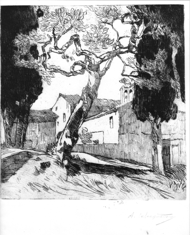 Fratini di Chianciano, veduta con monastero (stampa) di Calcagnadoro Antonino (sec. XX)