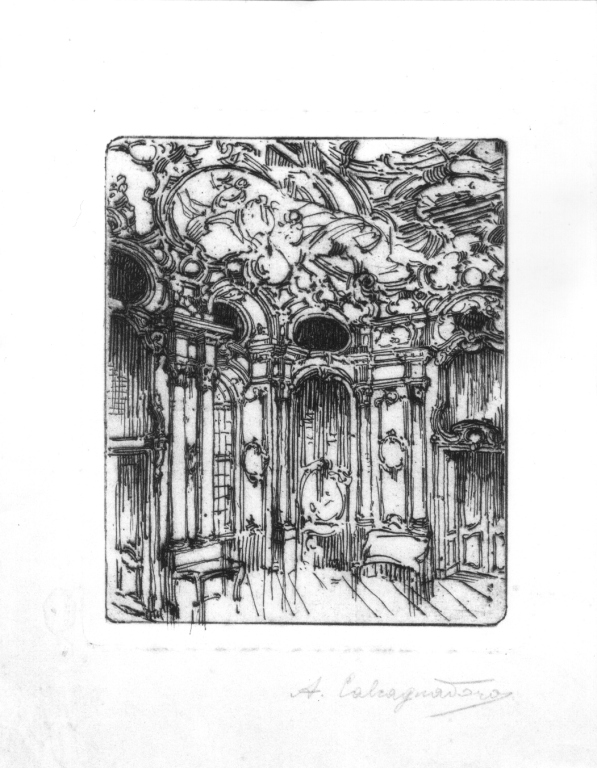 interno di palazzo settecentesco (stampa) di Calcagnadoro Antonino (prima metà sec. XX)
