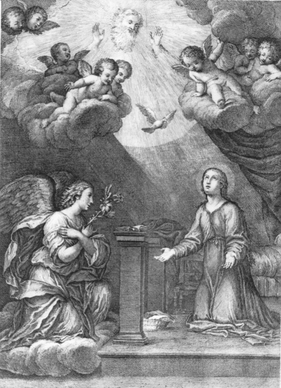 Annunciazione (stampa) di Albani Francesco, Leonardis Jacopo (sec. XVIII)