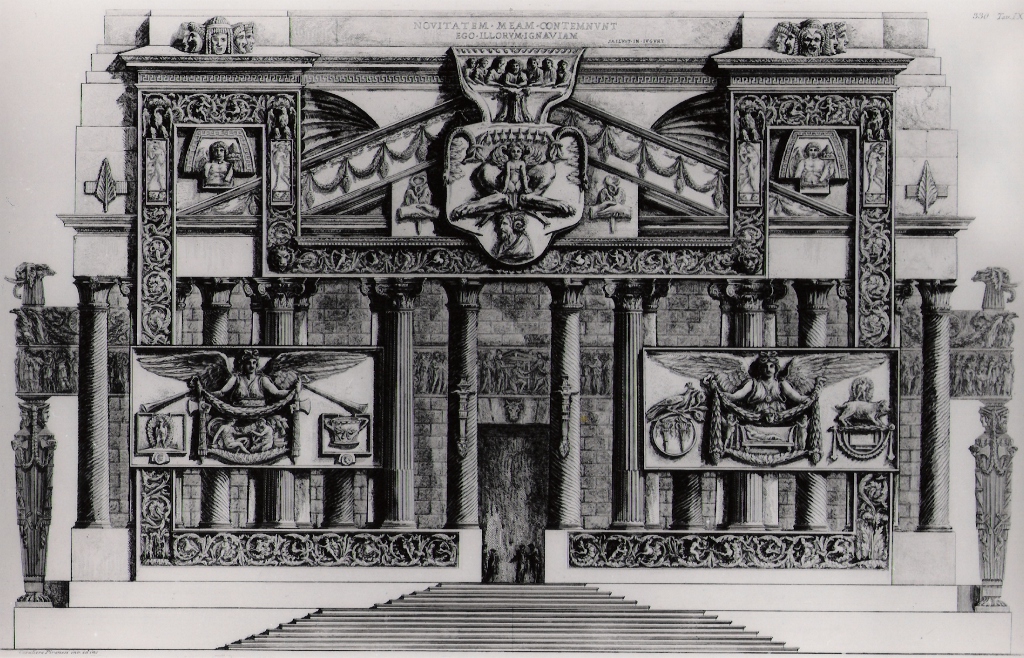 ricostruzione ideale della facciata di un edificio ionico (stampa) di Piranesi Giovanni Battista (prima metà sec. XX)