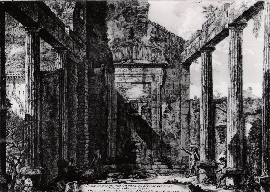 veduta dell'interno del pronao del tempio di Ercole a Cori (stampa) di Piranesi Giovanni Battista (prima metà sec. XX)
