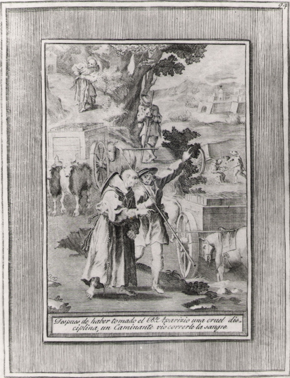 despues de haber tomado el b.to Aparizio.., beato Sebastiano di Aparicio e un viandante (stampa, serie) di Bombelli Pietro Leone (seconda metà sec. XVIII)