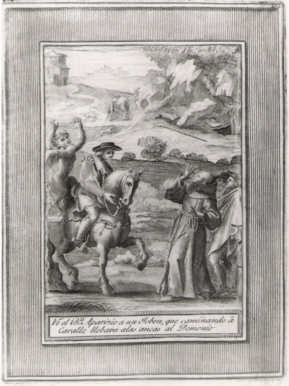 ve el b.to Aparizio a un joben, que caminando.., beato Sebastiano di Aparicio vede un giovane che cavalca col demonio (stampa, serie) di Bombelli Pietro Leone (seconda metà sec. XVIII)