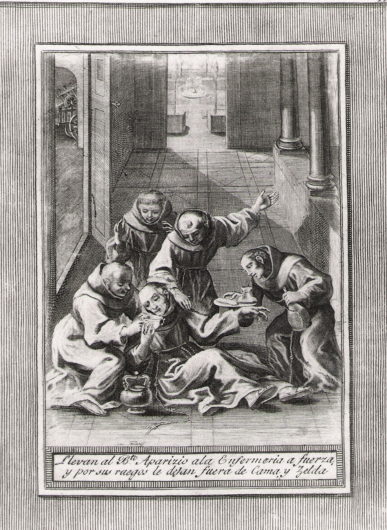 llevan al b.to Aparizio ala enfermeria a fuerza.., il beato Sebastiano di Aparicio curato in infermeria (stampa, serie) di Bombelli Pietro Leone (seconda metà sec. XVIII)