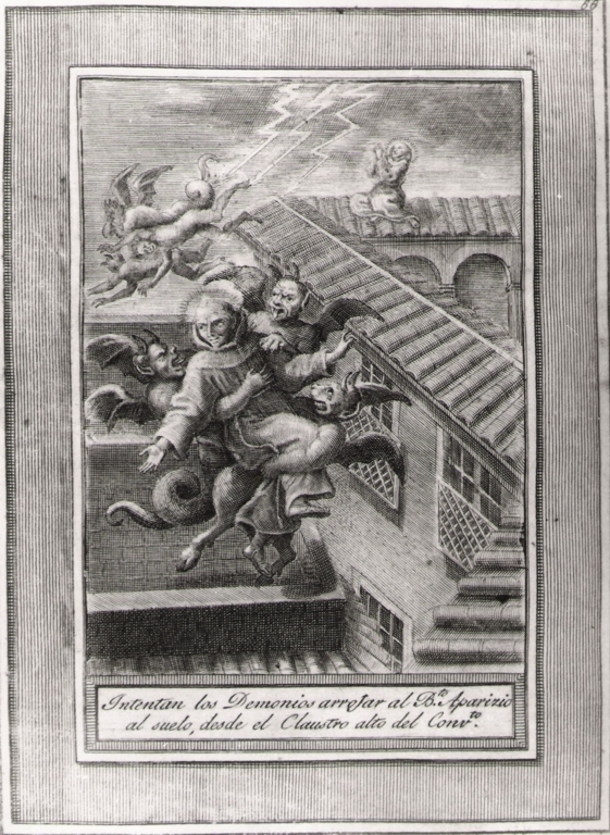 intentan los demonios arrojar al b.to Aparizio.., demoni cercano di gettare in terra il beato Sebastiano di Aparicio (stampa, serie) di Bombelli Pietro Leone (seconda metà sec. XVIII)