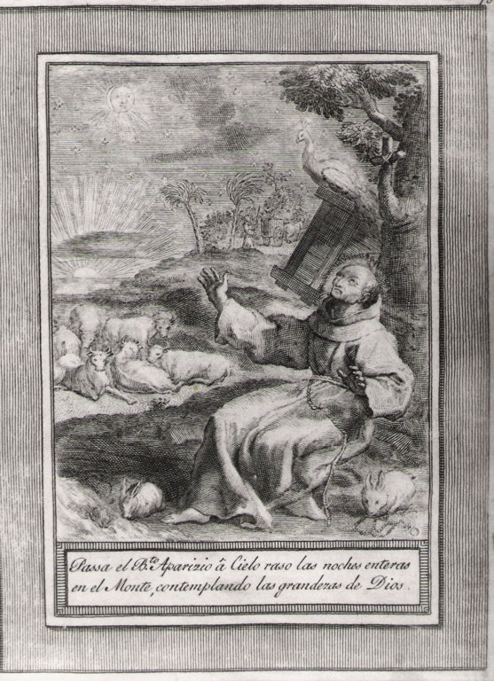 passa el b.to Aparizio a cielo raso las noches.., beato Sebastiano di Aparicio sul monte contempla Dio (stampa, serie) di Bombelli Pietro Leone (seconda metà sec. XVIII)