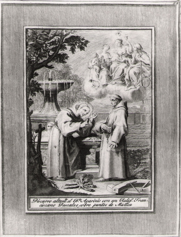 discurre altamente el b.to Aparizio con un religioso.., beato Sebastiano di Aparicio discorre con un francescano (stampa, serie) di Bombelli Pietro Leone (seconda metà sec. XVIII)