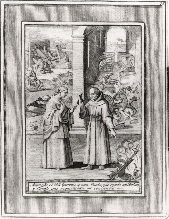 aconseja el b.to Aparizio a una vuida que venda.., beato Sebastiano di Aparicio consiglia una vedova (stampa, serie) di Bombelli Pietro Leone (seconda metà sec. XVIII)