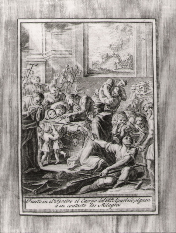 puesto en el feretro el cuerpo del b.to.., esposizione del corpo del beato Sebastiano di Aparicio (stampa, serie) di Bombelli Pietro Leone (seconda metà sec. XVIII)
