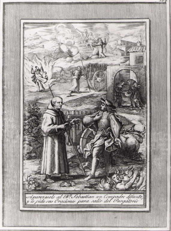 apparezesele al b.to Sebastian un compadre difunto.., apparizione di un defunto al beato Sebastiano di Aparicio (stampa, serie) di Bombelli Pietro Leone (seconda metà sec. XVIII)