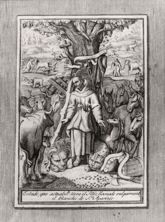 estado que actualmente tiene el sitio vamado.., animali nel rancho del beato Sebastiano di Aparicio (stampa, serie) di Bombelli Pietro Leone (seconda metà sec. XVIII)