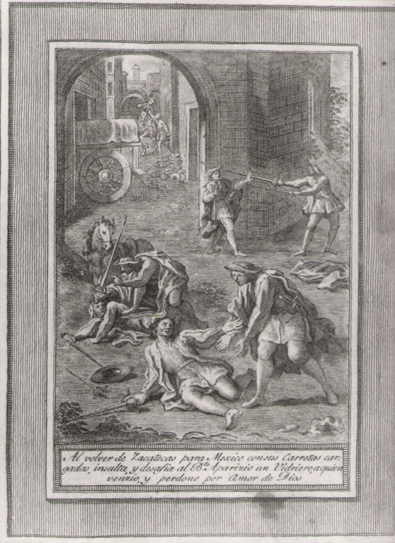 al volver de zacatecas para Mexico.., storie della vita del beato Sebastiano di Aparicio (stampa, serie) di Bombelli Pietro Leone (seconda metà sec. XVIII)