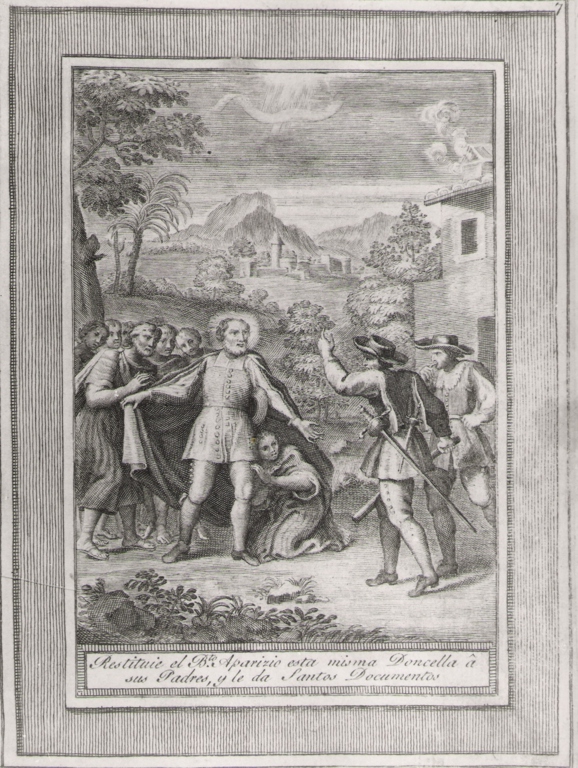 restituie el b.to Aparizio esta misma Doncella a sus Padres y le da Santos Documentos, storie della vita del beato Sebastiano di Aparicio (stampa, serie) di Bombelli Pietro Leone (seconda metà sec. XVIII)