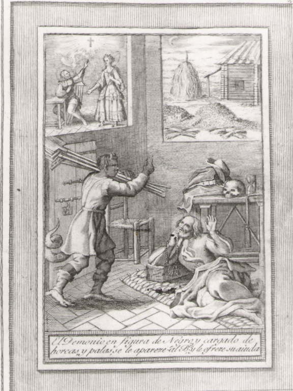 el demonio en figura de negro.., storie della vita del beato Sebastiano di Aparicio (stampa, serie) di Bombelli Pietro Leone (seconda metà sec. XVIII)