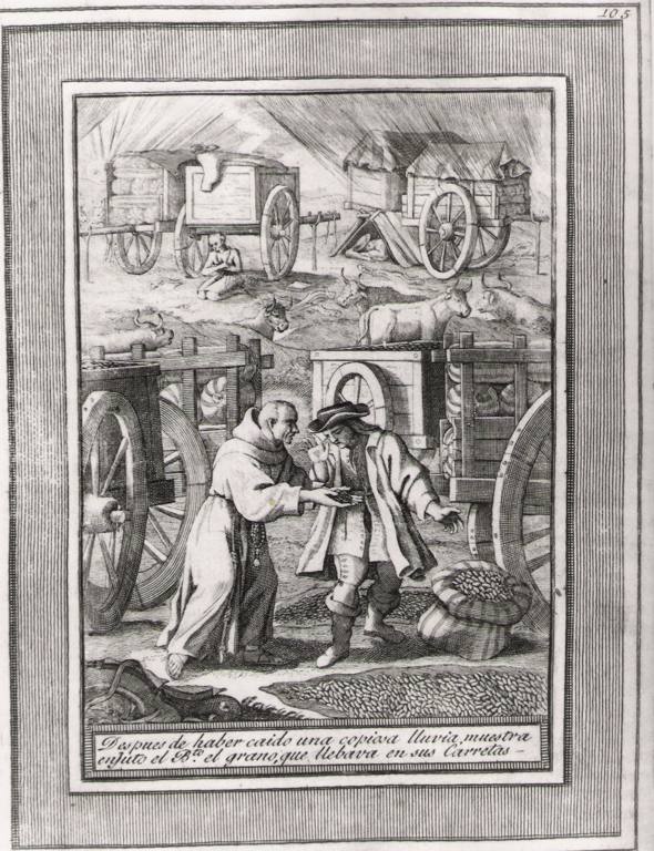 despues de haber caido una copiosa vuiva.., beato Sebastiano di Aparicio mostra il grano che trasportava sui suoi carri (stampa, serie) di Bombelli Pietro Leone (seconda metà sec. XVIII)