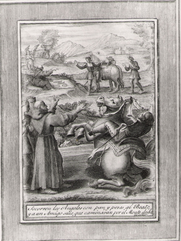 soccorren los angeles con pan y pezes al beato.., angeli soccorrono con pane e pere il beato Sebastiano di Aparicio e un suo amico (stampa, serie) di Bombelli Pietro Leone (seconda metà sec. XVIII)