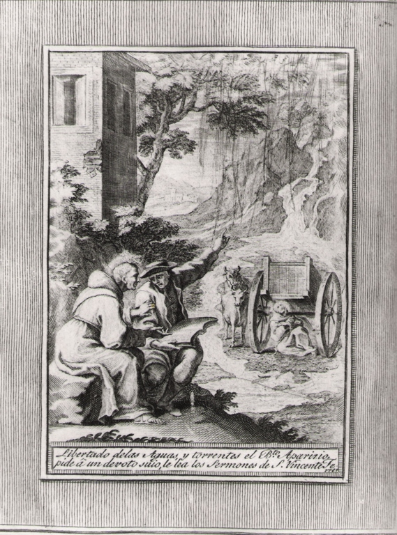 libertado de las aguas y torrentes el b.to Aparizio.., beato Sebastiano di Aparicio legge a un devoto i sermoni (stampa, serie) di Bombelli Pietro Leone (seconda metà sec. XVIII)
