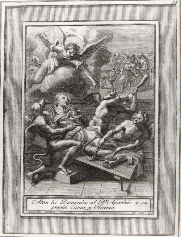 atan los demonios al b.to Aparizio.., storie della vita del beato Sebastiano di Aparicio (stampa, serie) di Bombelli Pietro Leone (seconda metà sec. XVIII)