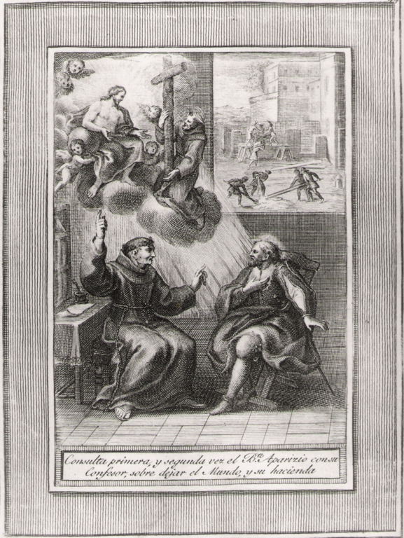 consulta primera y segunda vez.., storie della vita del beato Sebastiano di Aparicio (stampa, serie) di Bombelli Pietro Leone (seconda metà sec. XVIII)