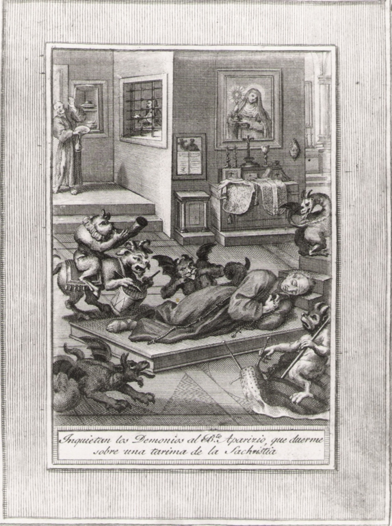 inquietan los demonios al b.to Aparizio.., storie della vita del beato Sebastiano di Aparicio (stampa, serie) di Bombelli Pietro Leone (seconda metà sec. XVIII)