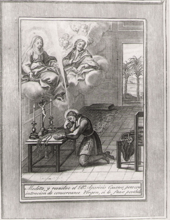 medita y resuelve el b.to Aparizio.., storie della vita del beato Sebastiano di Aparicio (stampa, serie) di Bombelli Pietro Leone (seconda metà sec. XVIII)