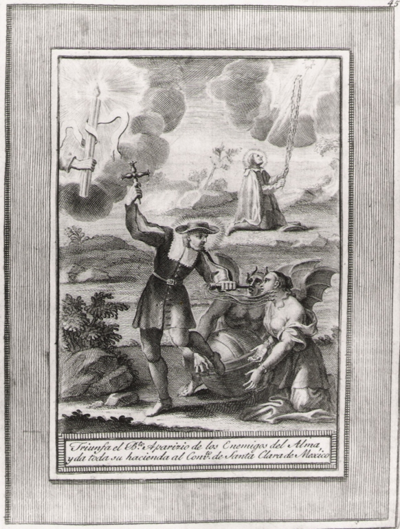 triunfa en b.to Aparizio de los.., storie della vita del beato Sebastiano di Aparicio (stampa, serie) di Bombelli Pietro Leone (seconda metà sec. XVIII)