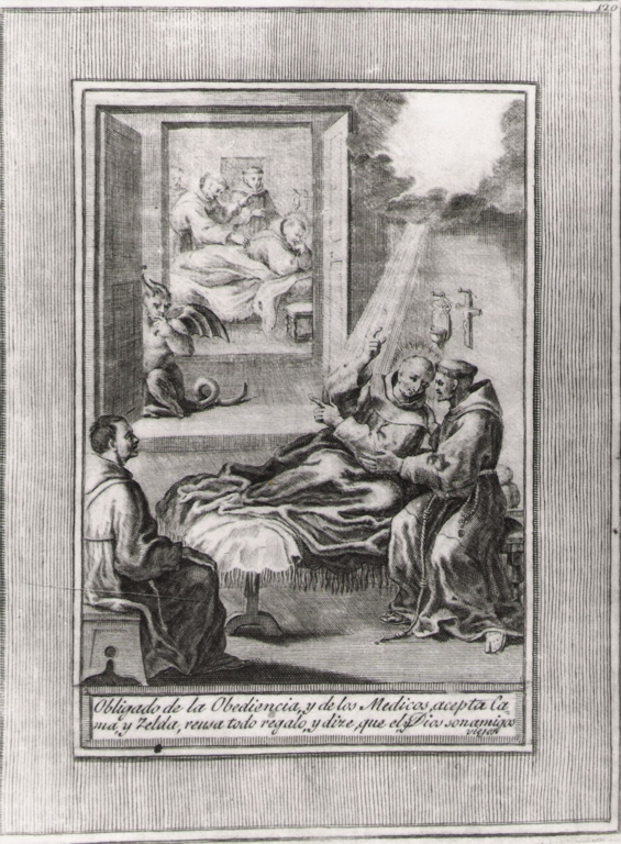Obligando de la obedencia y de los medicos.., Beato Sebastiano di Aparicio malato assisitito da due frati (stampa, serie) di Bombelli Pietro Leone (seconda metà sec. XVIII)