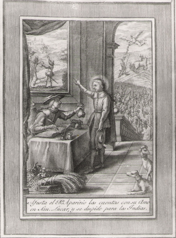 ajusta el b.to Aparizio las cuentas.., storie della vita del Beato Sebastiano di Aparicio (stampa, serie) di Bombelli Pietro Leone (seconda metà sec. XVIII)