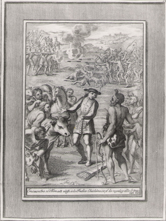 encuentra el b.to en este viaje.., storie della vita del Beato Sebastiano di Aparicio (stampa, serie) di Bombelli Pietro Leone (seconda metà sec. XVIII)