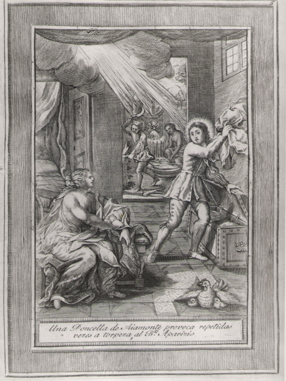 una doncella de Aiamonte provoca.., storie della vita del Beato Sebastiano di Aparicio (stampa, serie) di Bombelli Pietro Leone (seconda metà sec. XVIII)