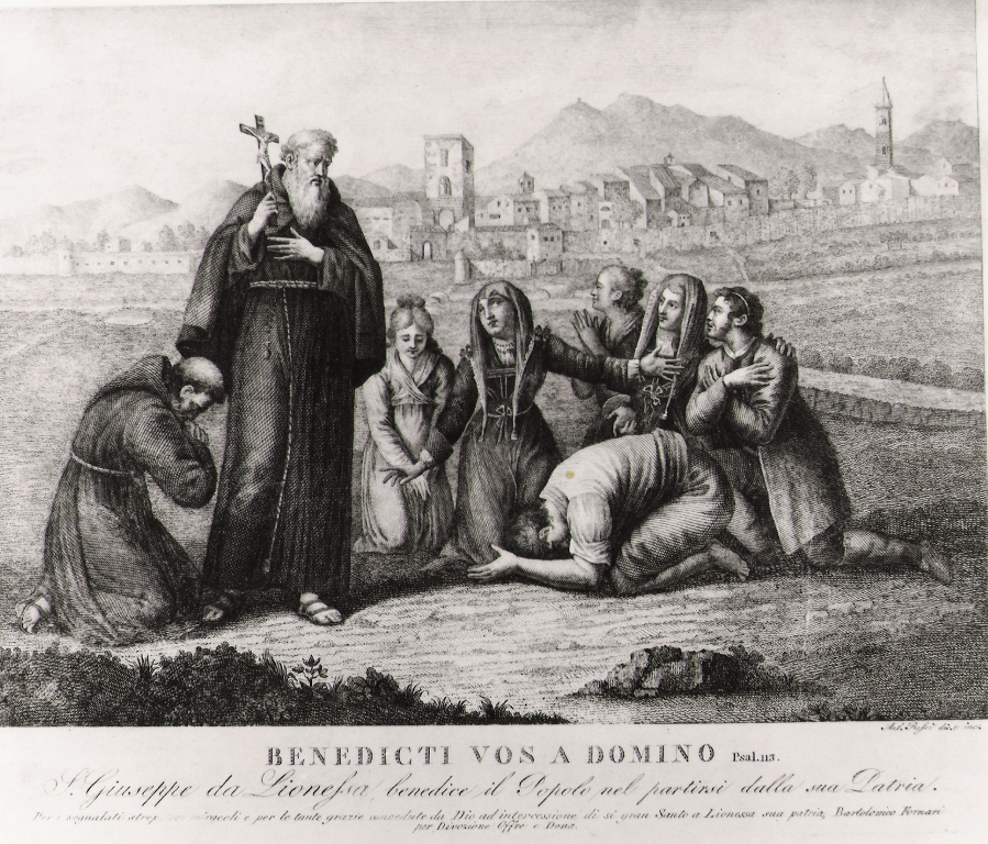 benedicti vos a domino, San Giuseppe da Leonessa benedice delle persone (stampa) di Rossi Antonio (prima metà sec. XVIII)