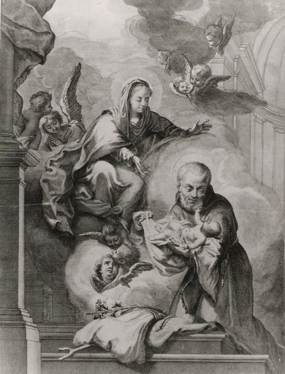 San Felice da Cantalice riceve il Bambino gesù dalla Madonna (stampa) di Van Westerhout Arnold (fine sec. XVII)
