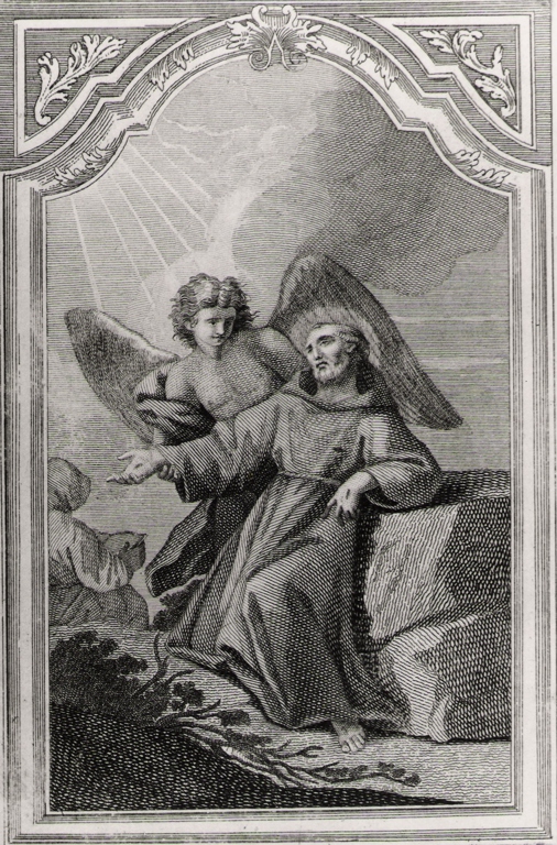 San Francesco d'Assisi, San Francesco d'Assisi riceve le stimmate sorrette da un angelo (stampa) di Manno Francesco (inizio sec. XIX)