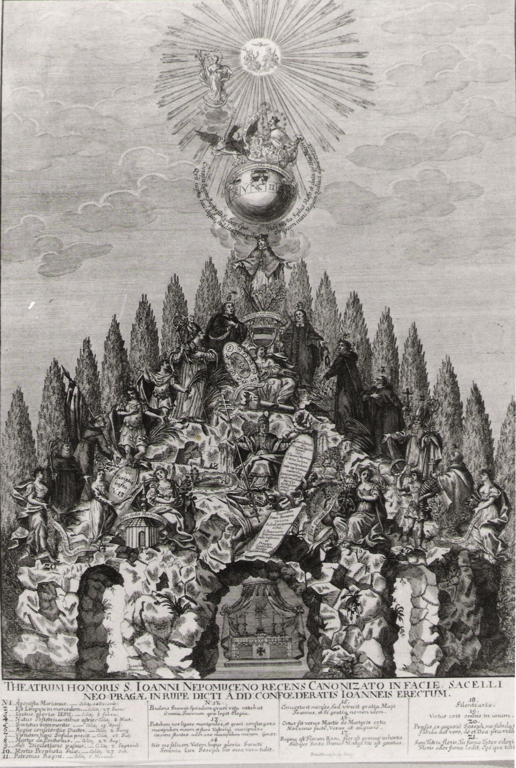 theatrum honoris S. Ionni Nepomuceno.., altare in onore di San Giovanni Nepomuceno (stampa smarginata) di Moravino Giuseppe, Birckart Anton (prima metà sec. XVIII)