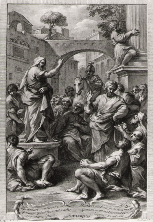 iudicium mortis est viro.., frontespizio con predicatore davanti a una folla (stampa) di Frey Jakob, Passari Giuseppe (sec. XVIII)