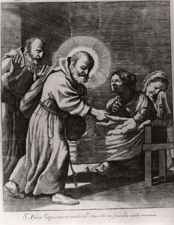 S. Felice cappuccino miracolosam.te.., San Felice da Cantalice resuscita un bambino (stampa) di Pasqualini Giovanni Battista (sec. XVII)