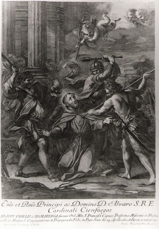 beatus Fidelis a Sigmaringa.., martirio di San Fedele da Sigmaringa (stampa) di Conca Sebastiano, Pilaja Paolo (sec. XVIII)