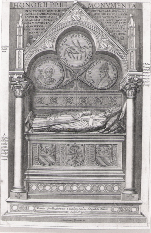 Honorii PP III monumenta, monumento funebre di papa Onorio IV (stampa smarginata) di Greuther Matthaus (inizio sec. XVII)