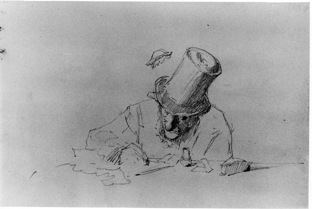 figura maschile con cilindro, intenta a scrivere (disegno) di Joris Pio (sec. XIX)