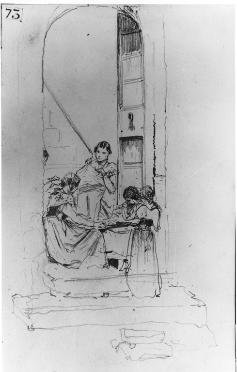 figure femminili sull'uscio di una casa (disegno) di Joris Pio (sec. XIX)