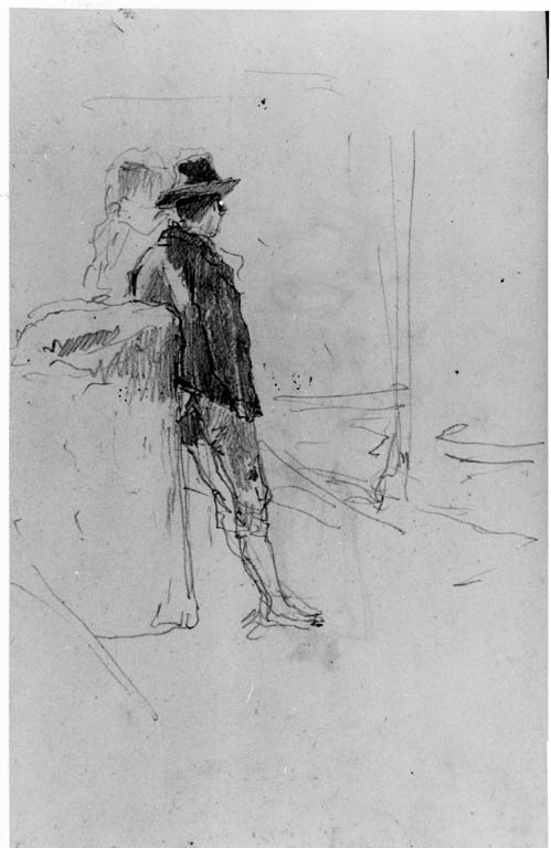 figura maschile appoggiata ad un muretto (disegno) di Joris Pio (sec. XIX)