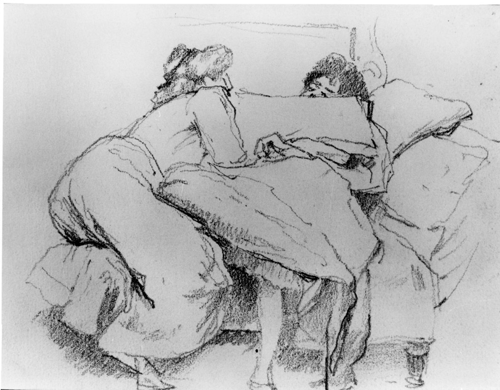 figure femminili distese su un divano (disegno) di Joris Pio (sec. XX)