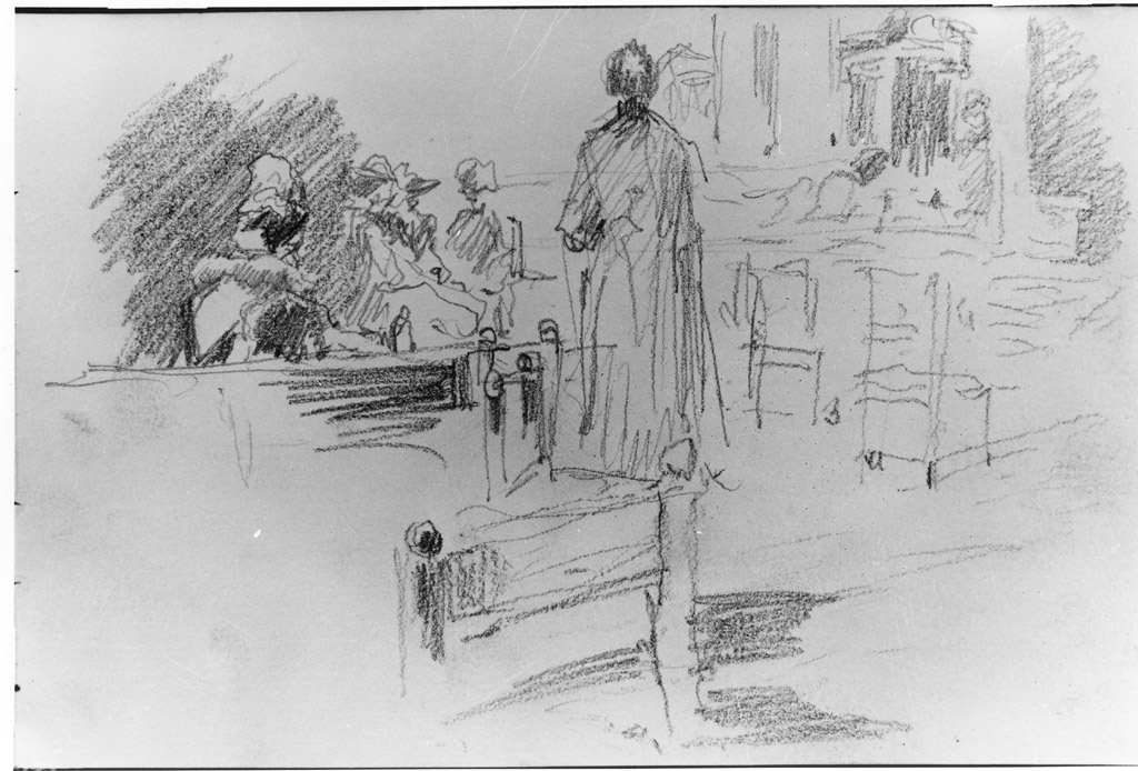 interno di chiesa con figure (disegno) di Joris Pio (sec. XX)