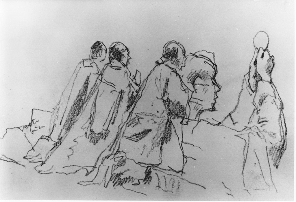 sacerdoti in preghiera (disegno) di Joris Pio (sec. XX)