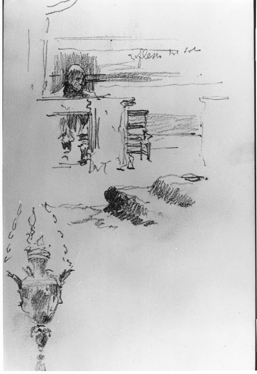 uomo seduto; schizzi vari (disegno) di Joris Pio (sec. XX)