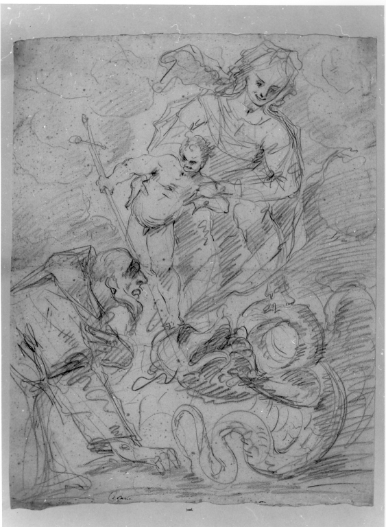 San Francesco d'Assisi inginocchiato davanti alla Madonna con Bambino che infilza il dragone con la croce (disegno) di Crespi Giovambattista detto Cerano (fine/inizio secc. XVI/ XVII)