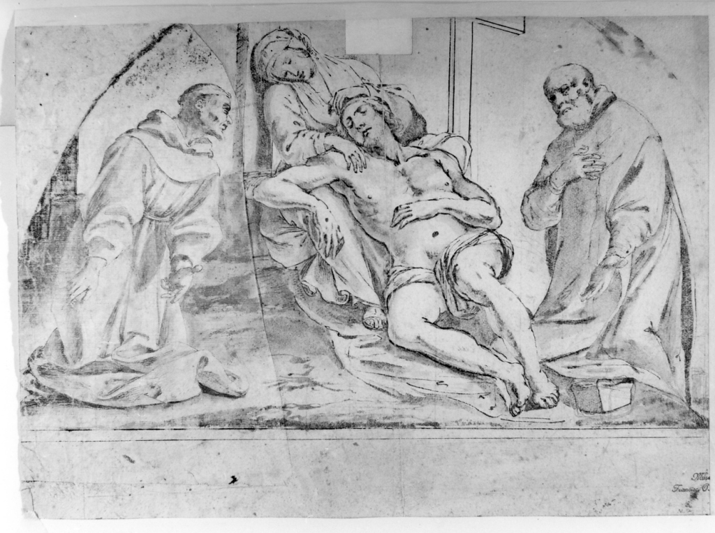 Cristo in pietà tra San Francesco d'Assisi e San Filippo Neri (disegno) di Sermei Cesare (prima metà sec. XVII)