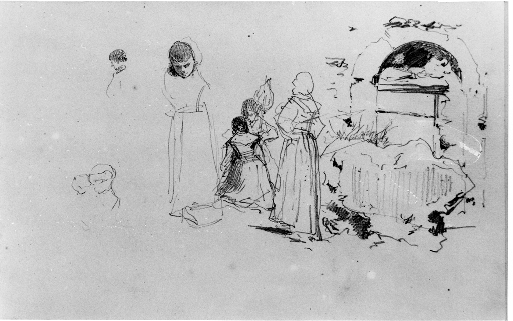 Donne presso un portone (disegno) di Joris Pio (sec. XIX)
