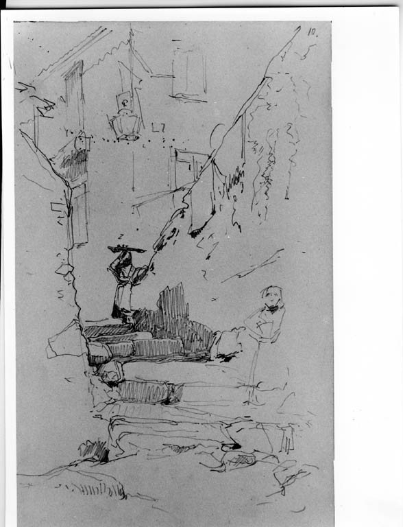 Via di paese con scalinata e figure (disegno) di Joris Pio (sec. XIX)